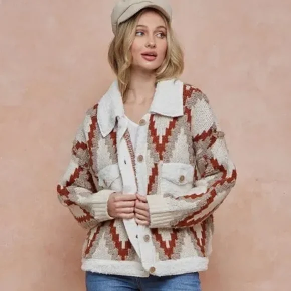 #48 Orange cream Tribal Aztec Bohemian fluffy pocket button teddy shacket coat - Picture 4 of 7